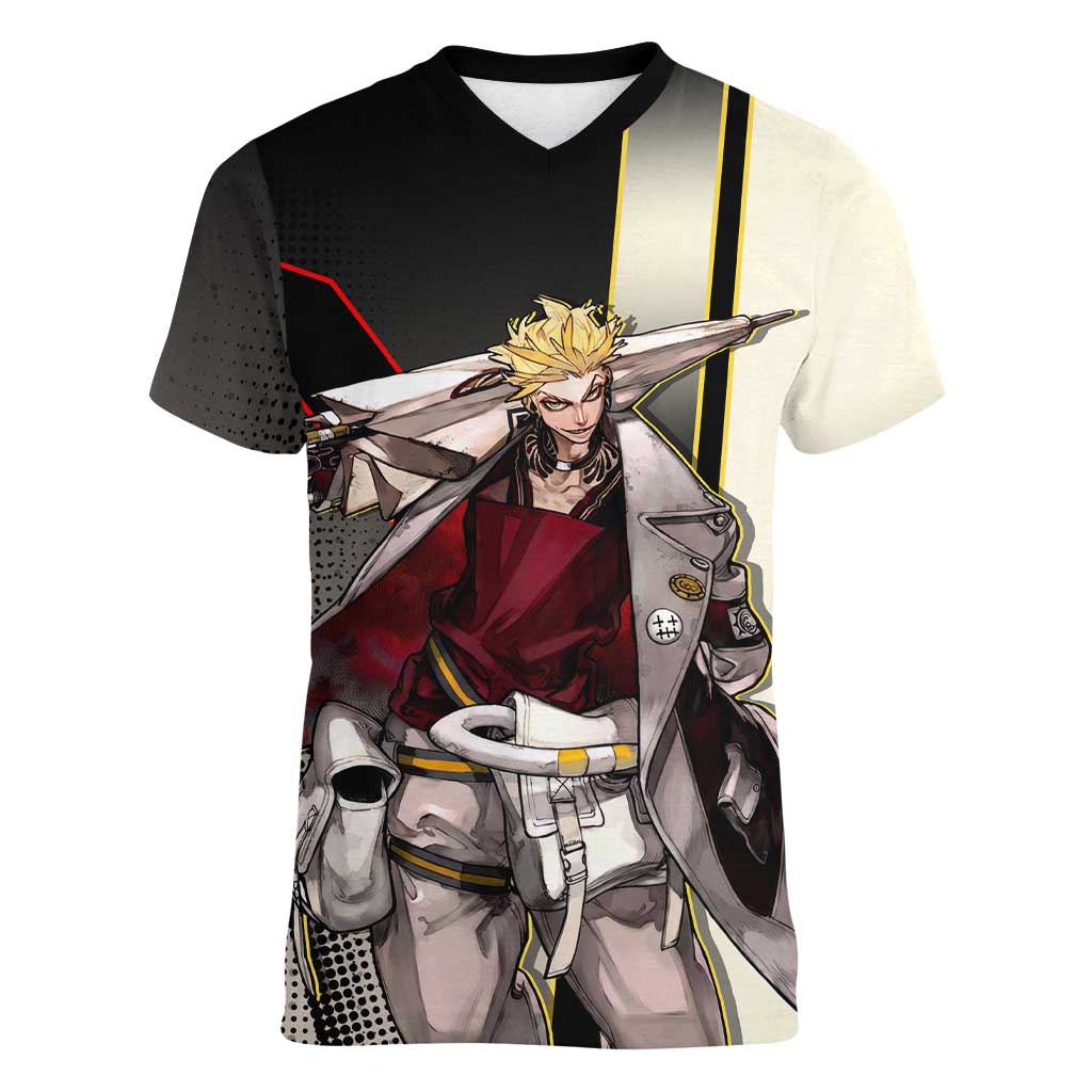 Enjin Crimson Strategist Women V-Neck T-Shirt Grunge Manga Illustration Style