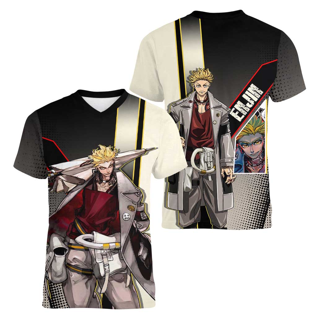 Enjin Crimson Strategist Women V-Neck T-Shirt Grunge Manga Illustration Style