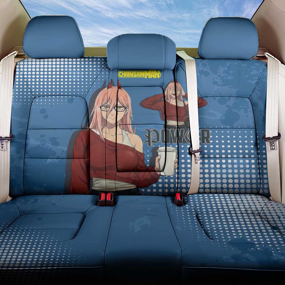 Power Chainsaw Man in Street Chic Back Car Seat Cover Bold Blue Anime Aesthetic with Power