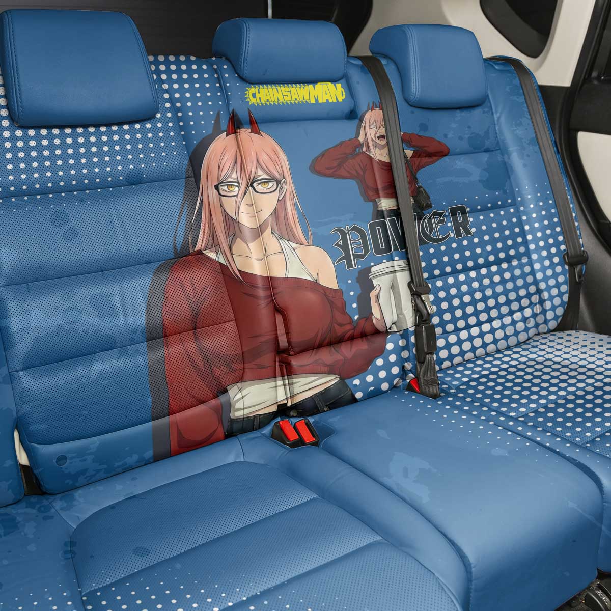 Power Chainsaw Man in Street Chic Back Car Seat Cover Bold Blue Anime Aesthetic with Power
