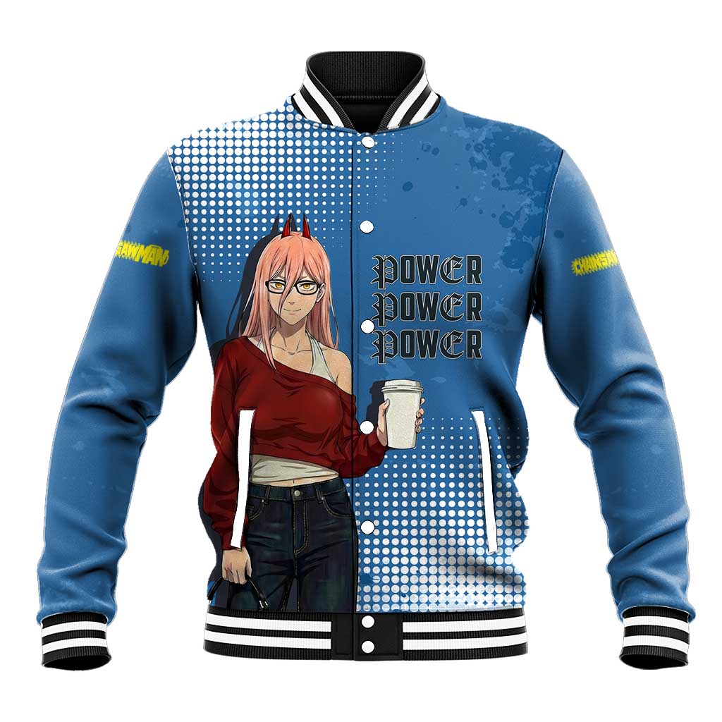 Power Chainsaw Man in Street Chic Baseball Jacket Bold Blue Anime Aesthetic with Power
