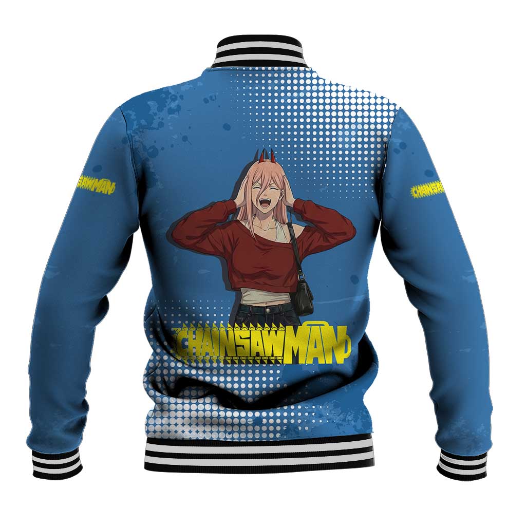 Power Chainsaw Man in Street Chic Baseball Jacket Bold Blue Anime Aesthetic with Power