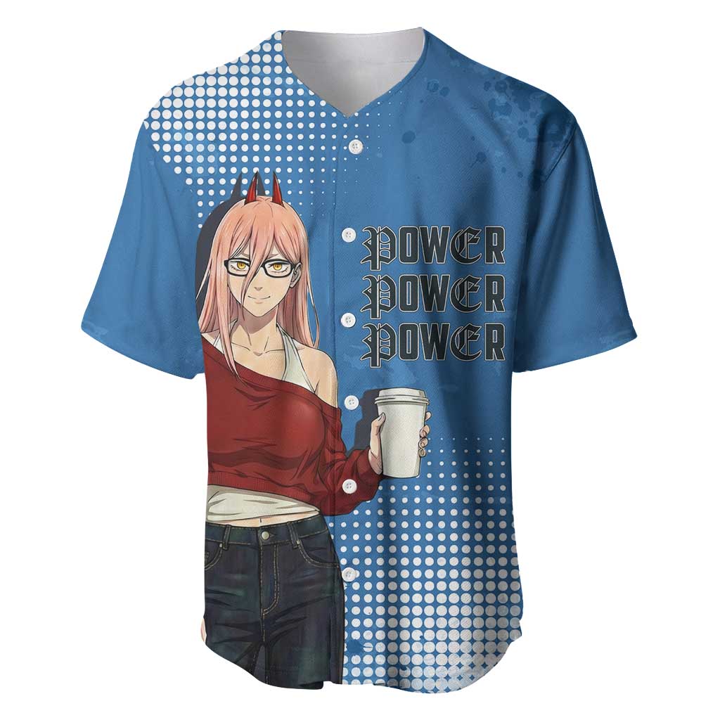 Power Chainsaw Man in Street Chic Baseball Jersey Bold Blue Anime Aesthetic with Power