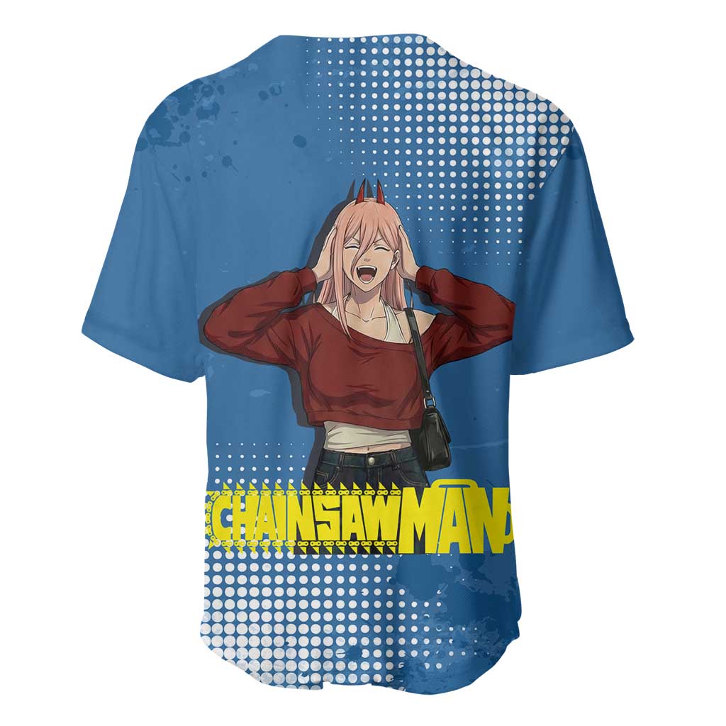 Power Chainsaw Man in Street Chic Baseball Jersey Bold Blue Anime Aesthetic with Power