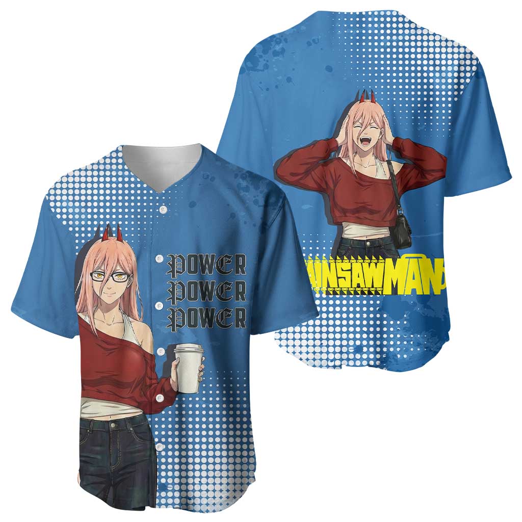 Power Chainsaw Man in Street Chic Baseball Jersey Bold Blue Anime Aesthetic with Power