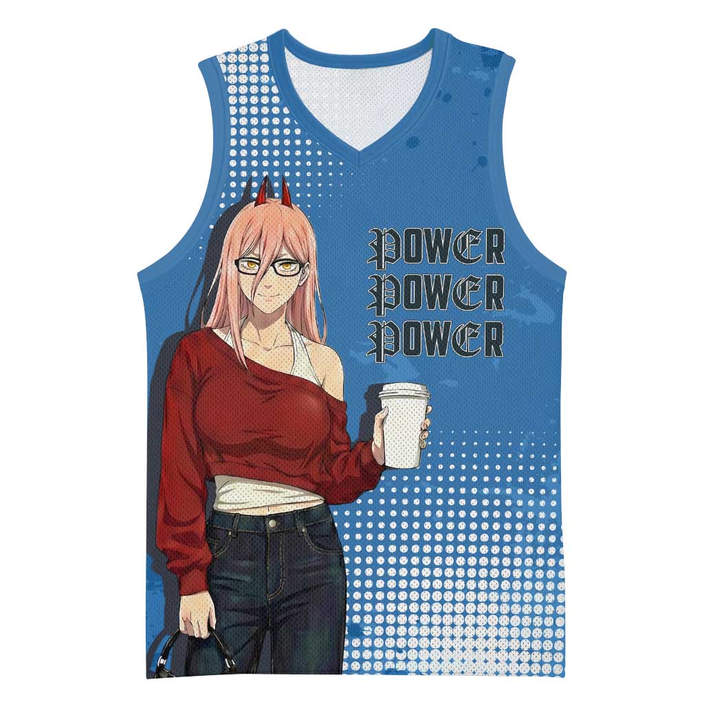 Power Chainsaw Man in Street Chic Basketball Jersey Bold Blue Anime Aesthetic with Power