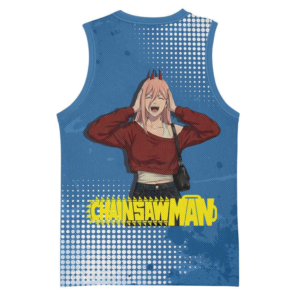 Power Chainsaw Man in Street Chic Basketball Jersey Bold Blue Anime Aesthetic with Power
