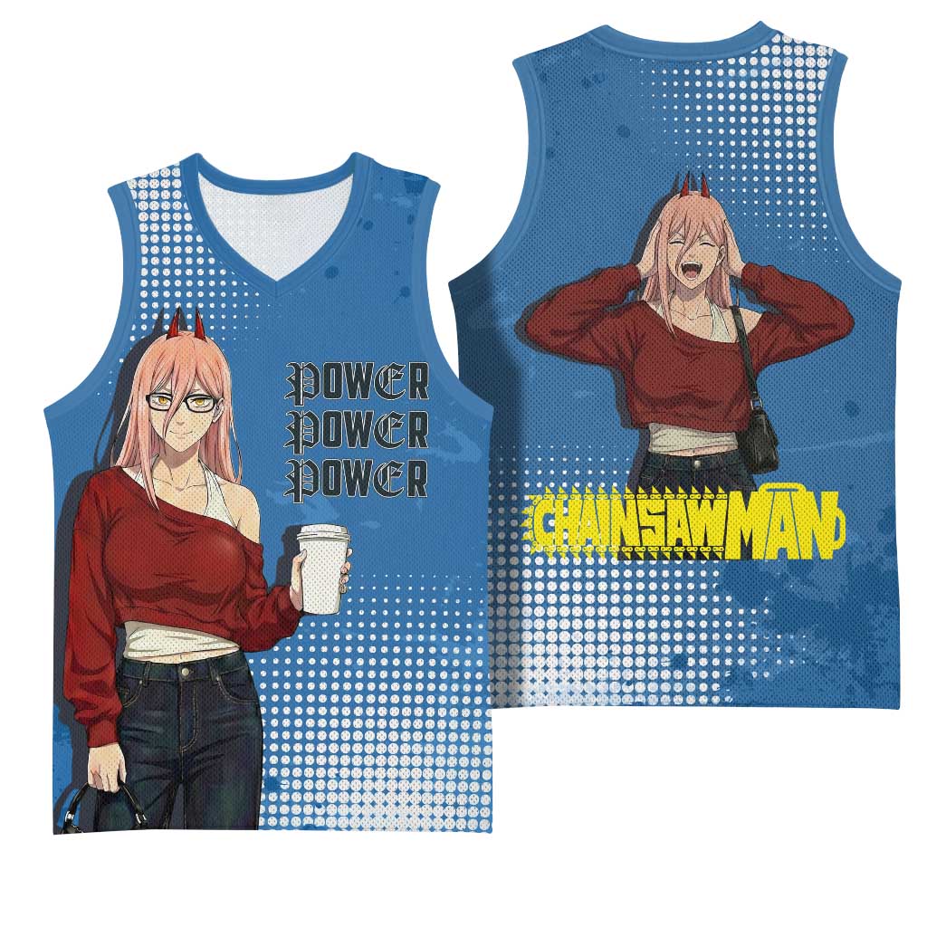 Power Chainsaw Man in Street Chic Basketball Jersey Bold Blue Anime Aesthetic with Power