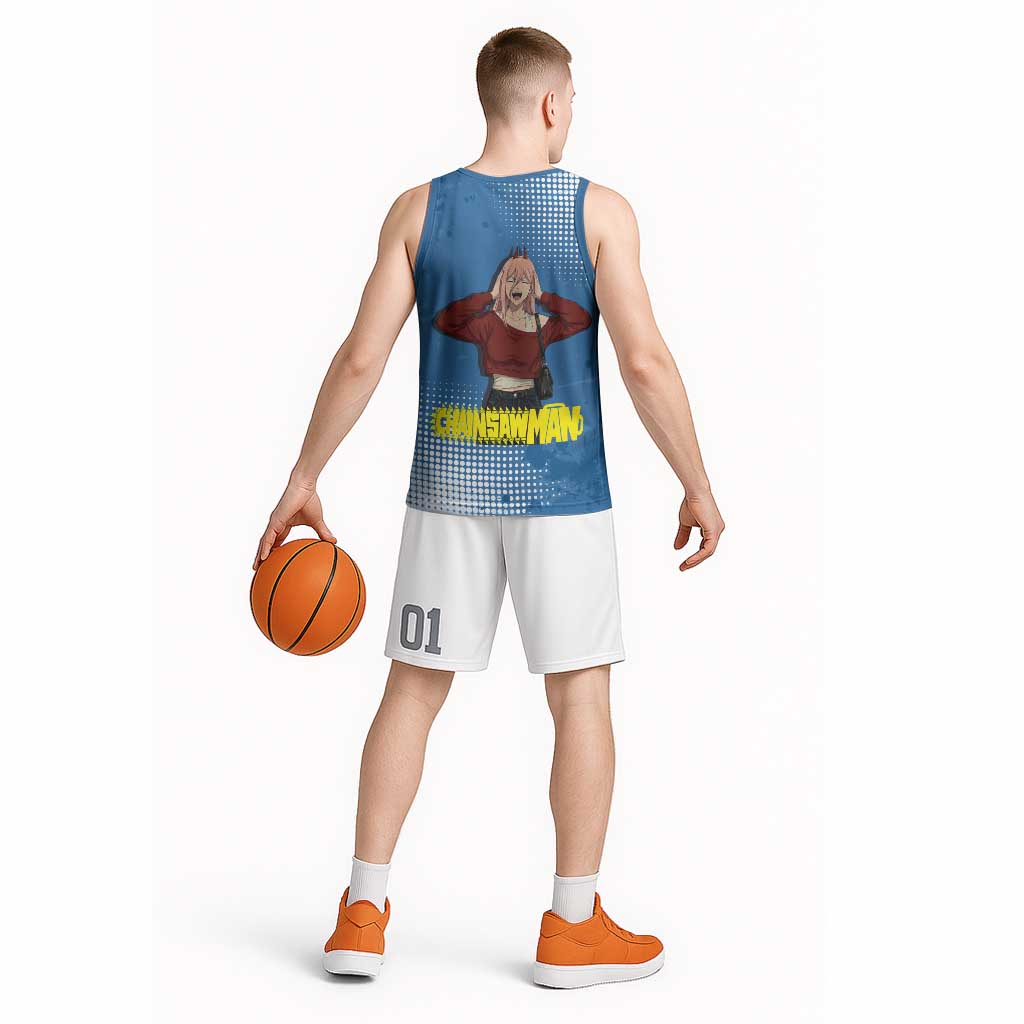 Power Chainsaw Man in Street Chic Basketball Jersey Bold Blue Anime Aesthetic with Power