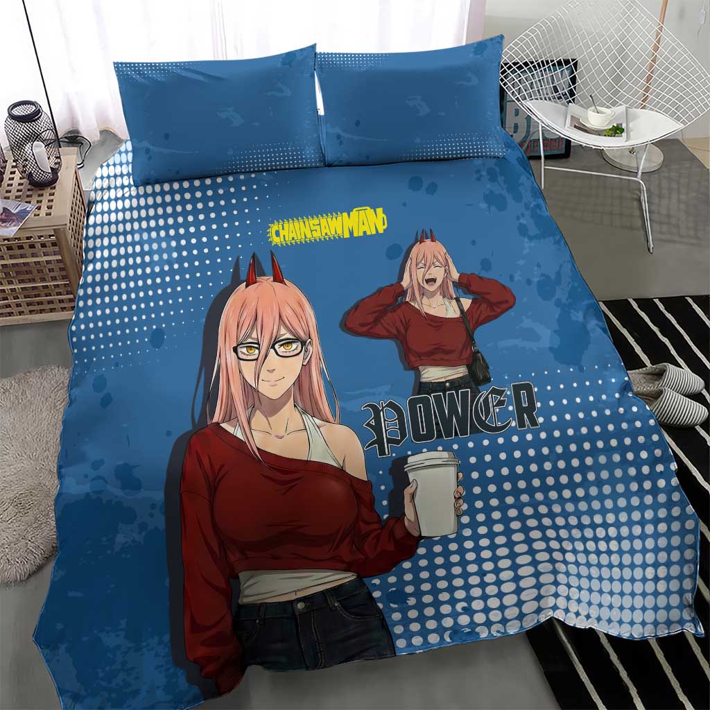 Power Chainsaw Man in Street Chic Bedding Set Bold Blue Anime Aesthetic with Power
