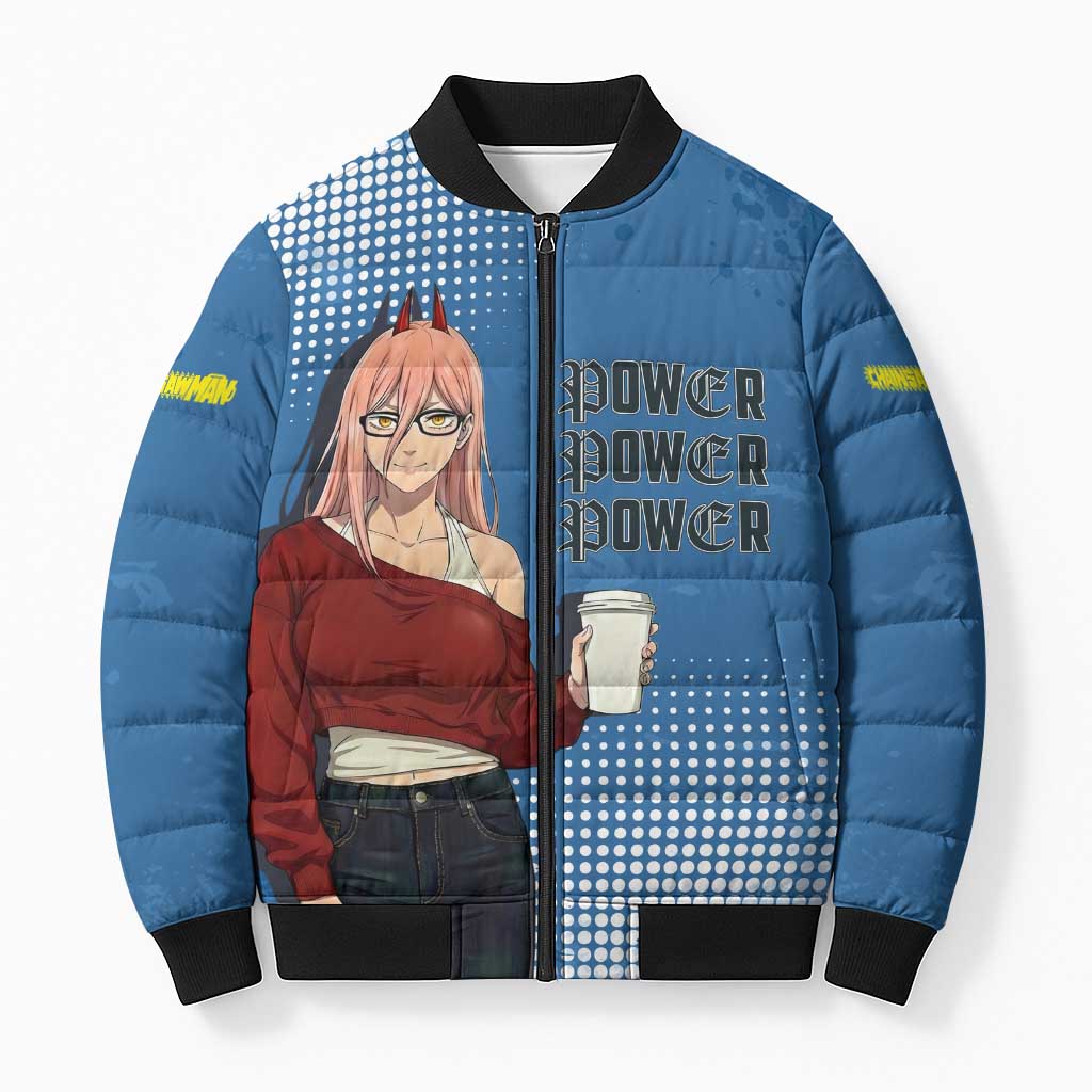 Power Chainsaw Man in Street Chic Bomber Puffer Jacket Bold Blue Anime Aesthetic with Power