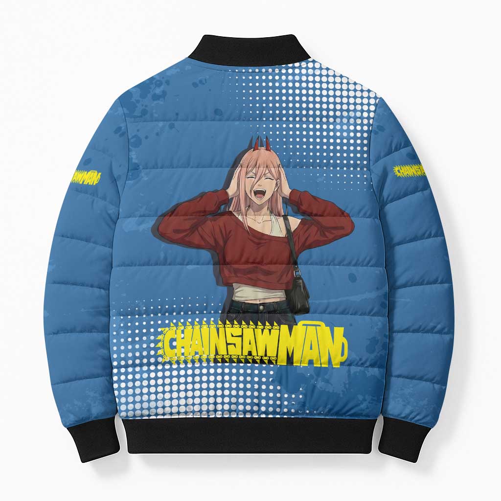 Power Chainsaw Man in Street Chic Bomber Puffer Jacket Bold Blue Anime Aesthetic with Power