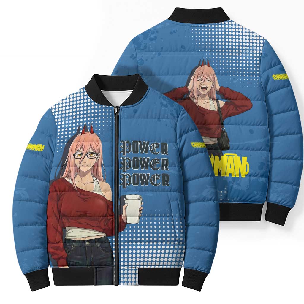 Power Chainsaw Man in Street Chic Bomber Puffer Jacket Bold Blue Anime Aesthetic with Power