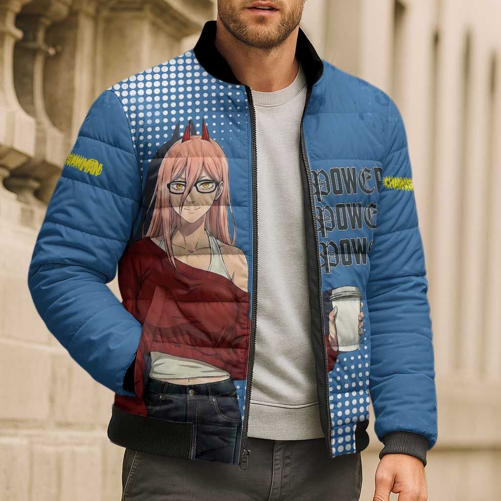 Power Chainsaw Man in Street Chic Bomber Puffer Jacket Bold Blue Anime Aesthetic with Power