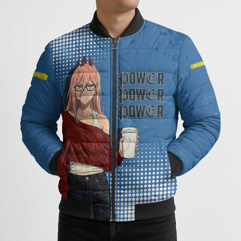 Power Chainsaw Man in Street Chic Bomber Puffer Jacket Bold Blue Anime Aesthetic with Power