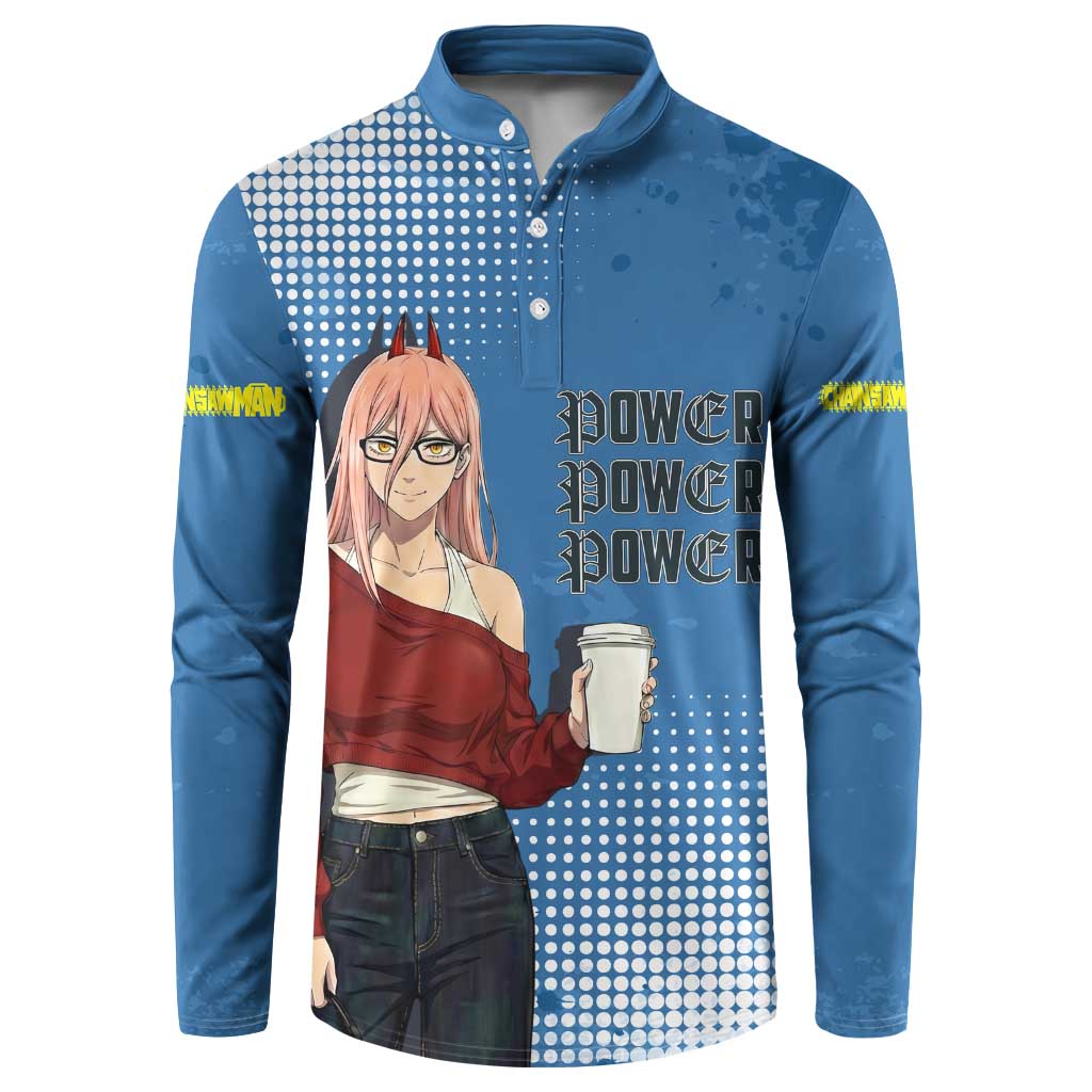 Power Chainsaw Man in Street Chic Button Sweatshirt Bold Blue Anime Aesthetic with Power
