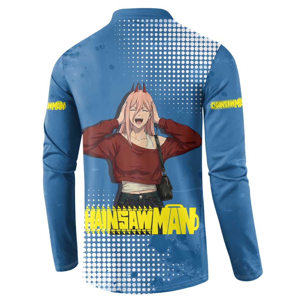 Power Chainsaw Man in Street Chic Button Sweatshirt Bold Blue Anime Aesthetic with Power