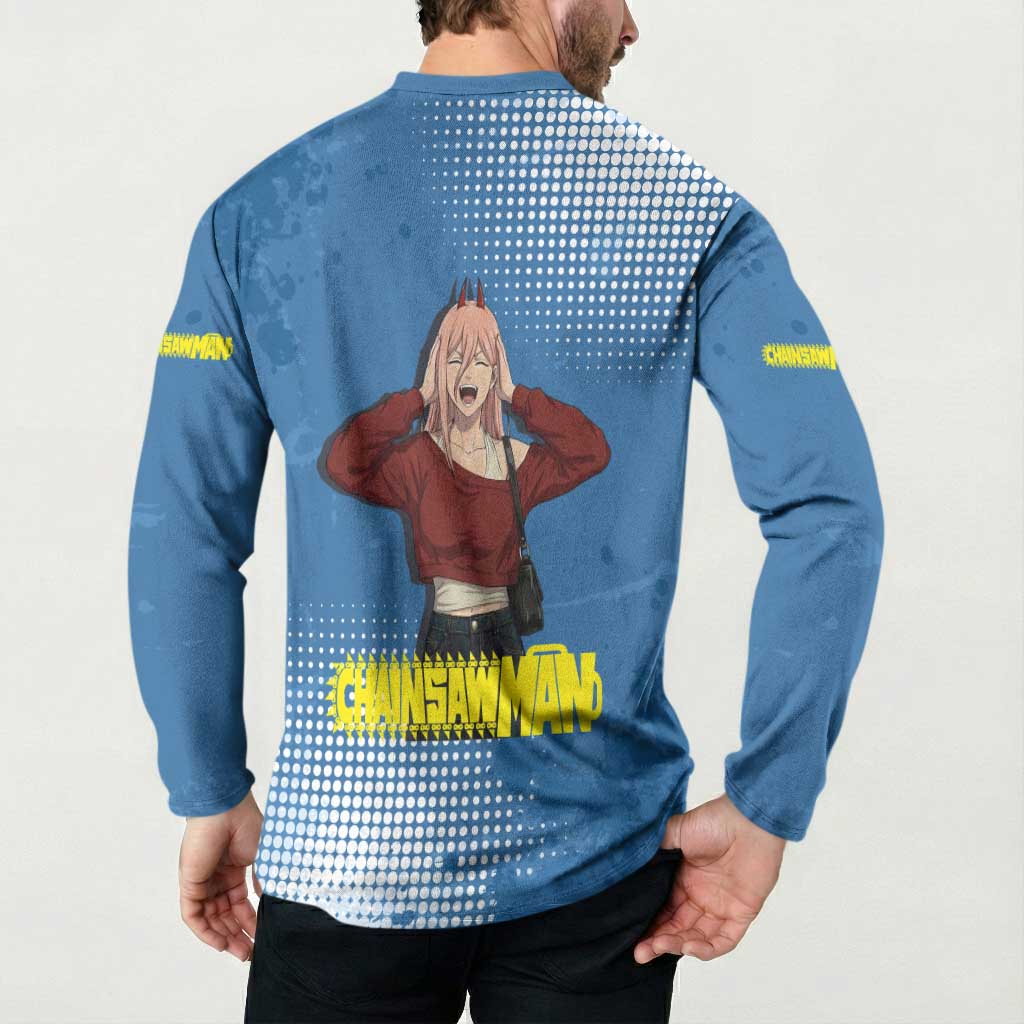 Power Chainsaw Man in Street Chic Button Sweatshirt Bold Blue Anime Aesthetic with Power