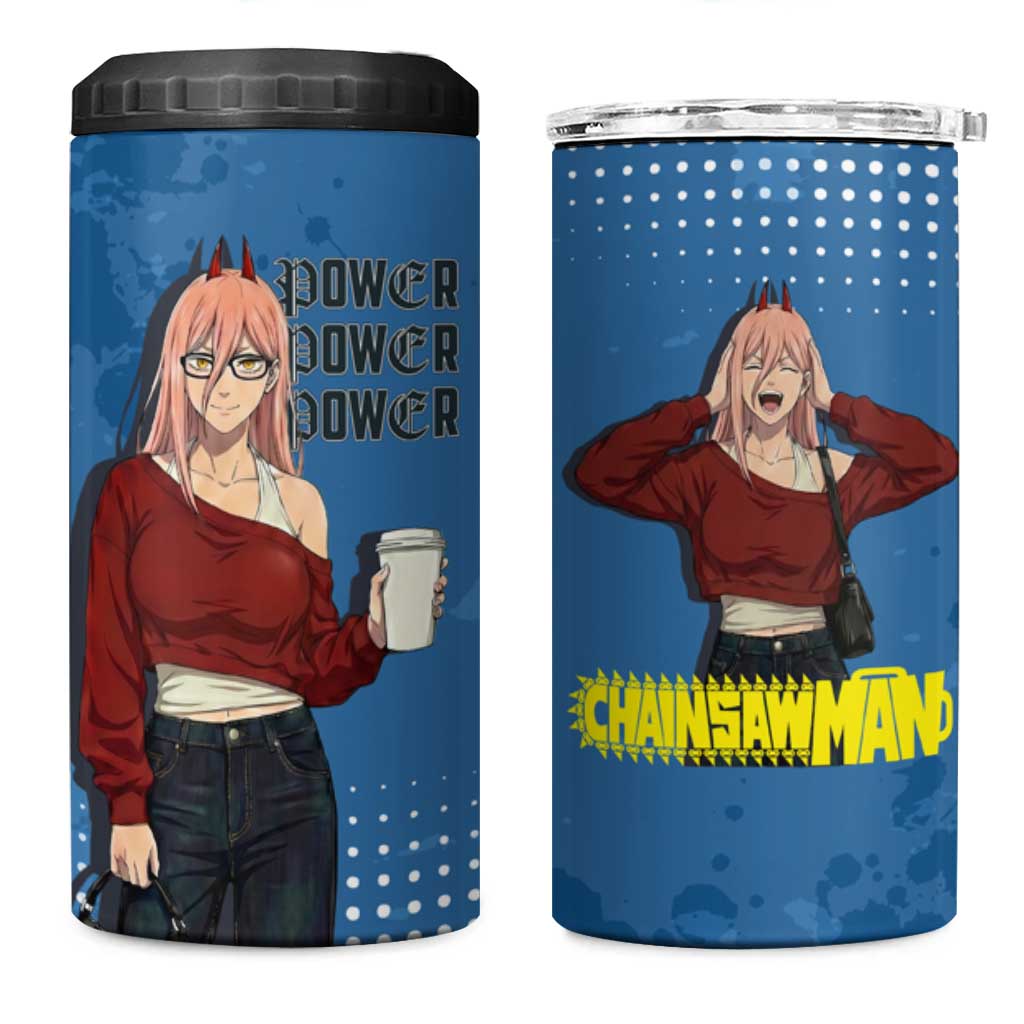 Power Chainsaw Man in Street Chic 4 in 1 Can Cooler Tumbler Bold Blue Anime Aesthetic with Power