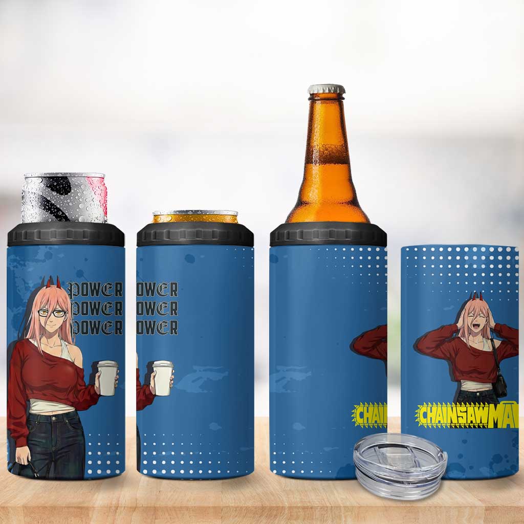 Power Chainsaw Man in Street Chic 4 in 1 Can Cooler Tumbler Bold Blue Anime Aesthetic with Power