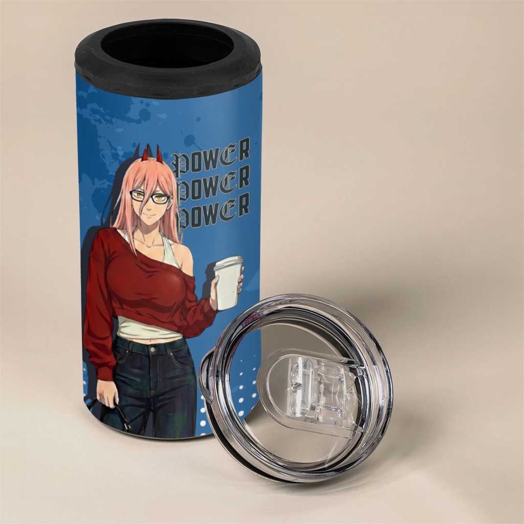 Power Chainsaw Man in Street Chic 4 in 1 Can Cooler Tumbler Bold Blue Anime Aesthetic with Power