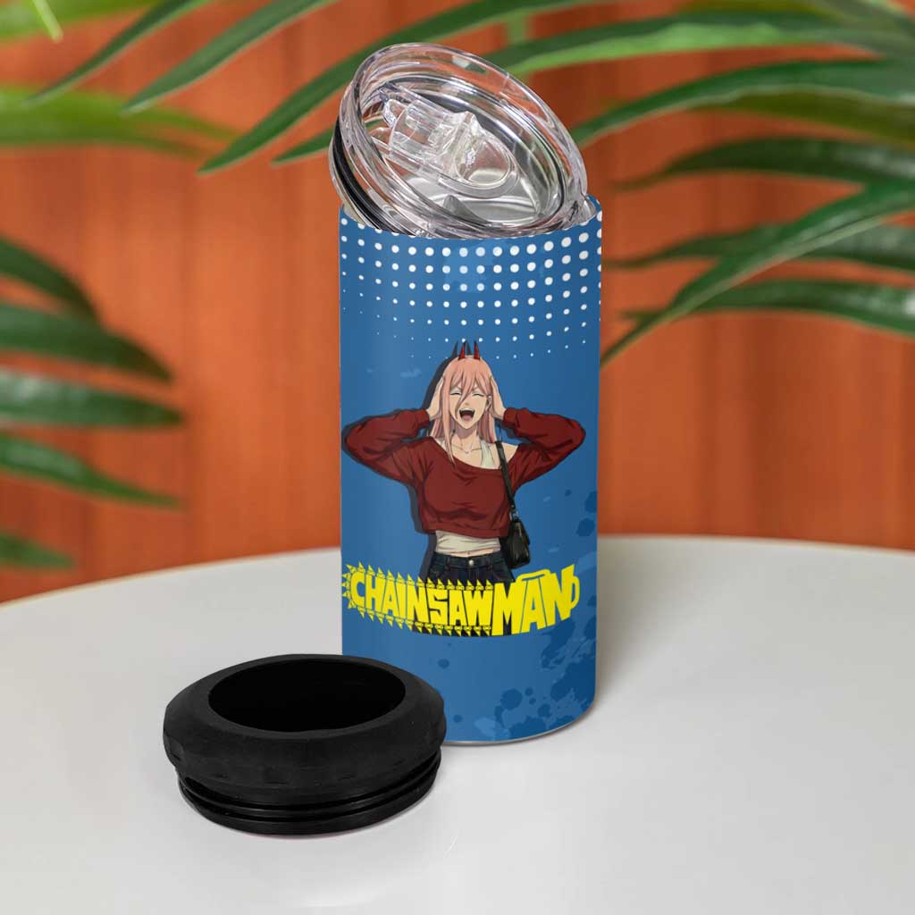 Power Chainsaw Man in Street Chic 4 in 1 Can Cooler Tumbler Bold Blue Anime Aesthetic with Power