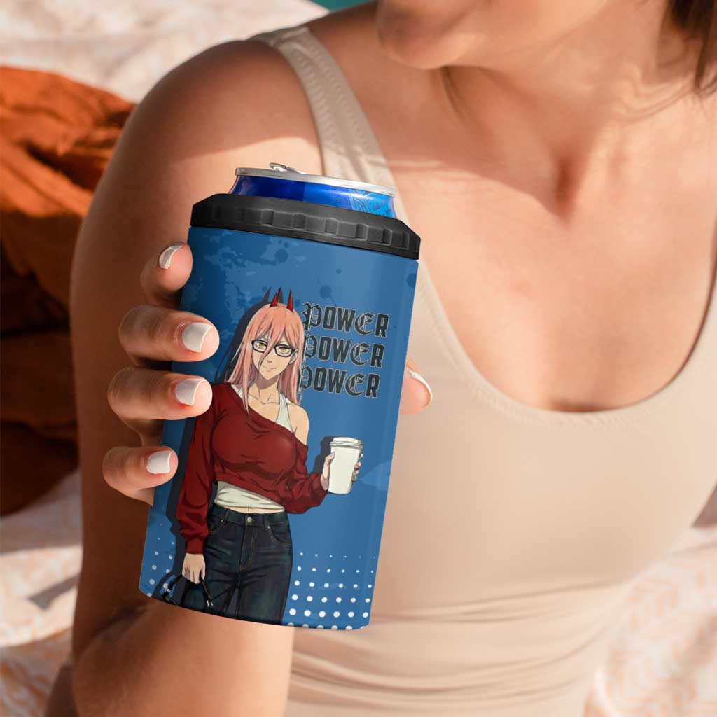 Power Chainsaw Man in Street Chic 4 in 1 Can Cooler Tumbler Bold Blue Anime Aesthetic with Power