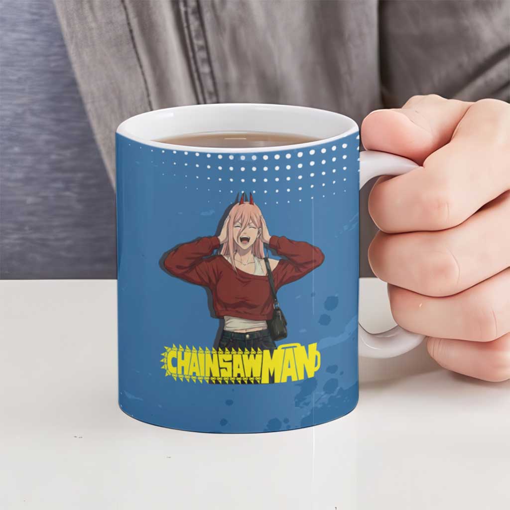 Power Chainsaw Man in Street Chic Ceramic Mug Bold Blue Anime Aesthetic with Power
