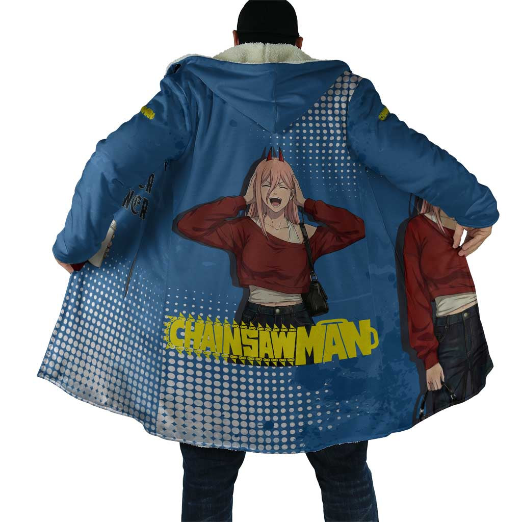 Power Chainsaw Man in Street Chic Cloak Bold Blue Anime Aesthetic with Power