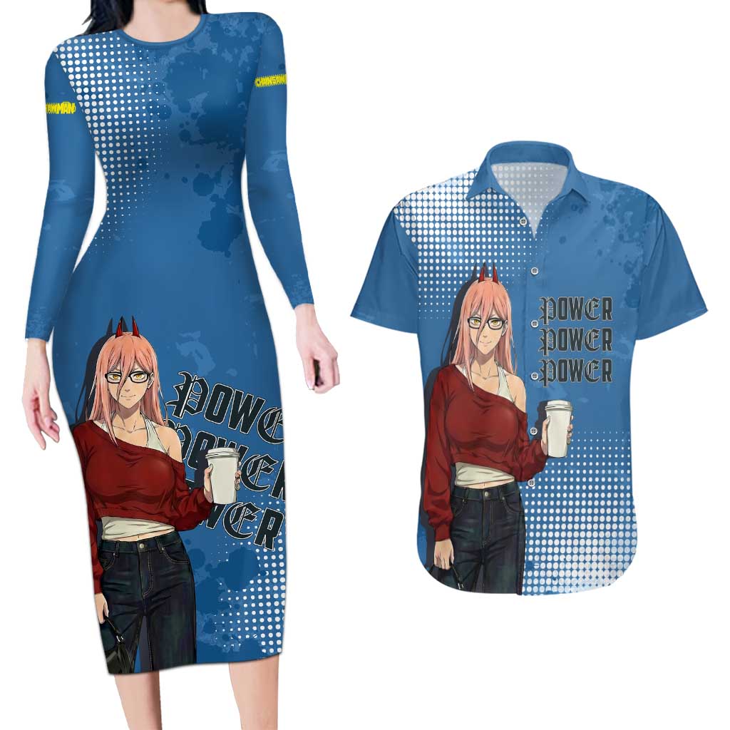 Power Chainsaw Man in Street Chic Couples Matching Long Sleeve Bodycon Dress and Hawaiian Shirt Bold Blue Anime Aesthetic with Power