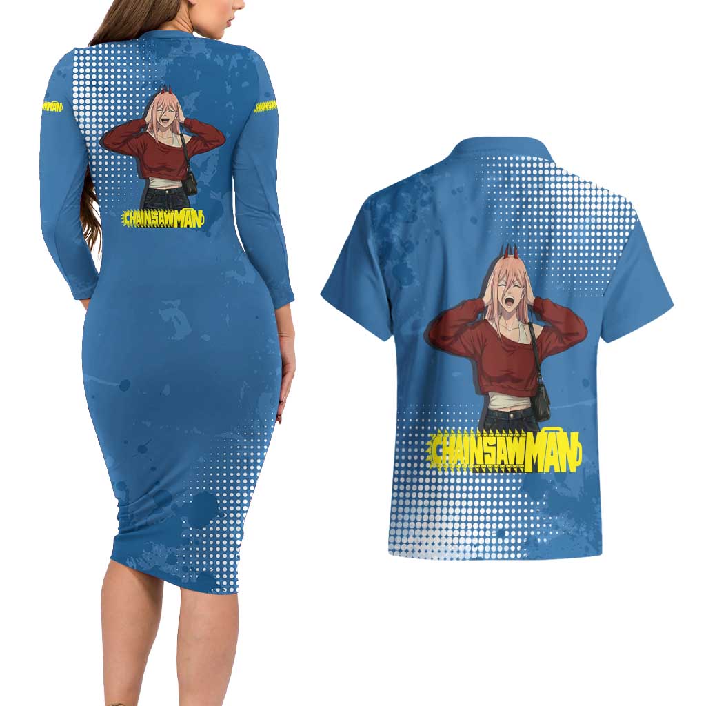 Power Chainsaw Man in Street Chic Couples Matching Long Sleeve Bodycon Dress and Hawaiian Shirt Bold Blue Anime Aesthetic with Power