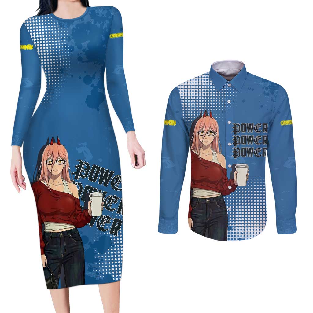 Power Chainsaw Man in Street Chic Couples Matching Long Sleeve Bodycon Dress and Long Sleeve Button Shirt Bold Blue Anime Aesthetic with Power