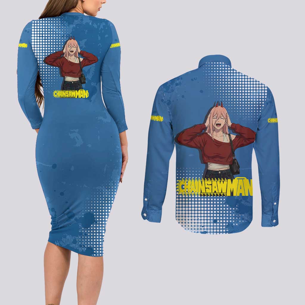 Power Chainsaw Man in Street Chic Couples Matching Long Sleeve Bodycon Dress and Long Sleeve Button Shirt Bold Blue Anime Aesthetic with Power