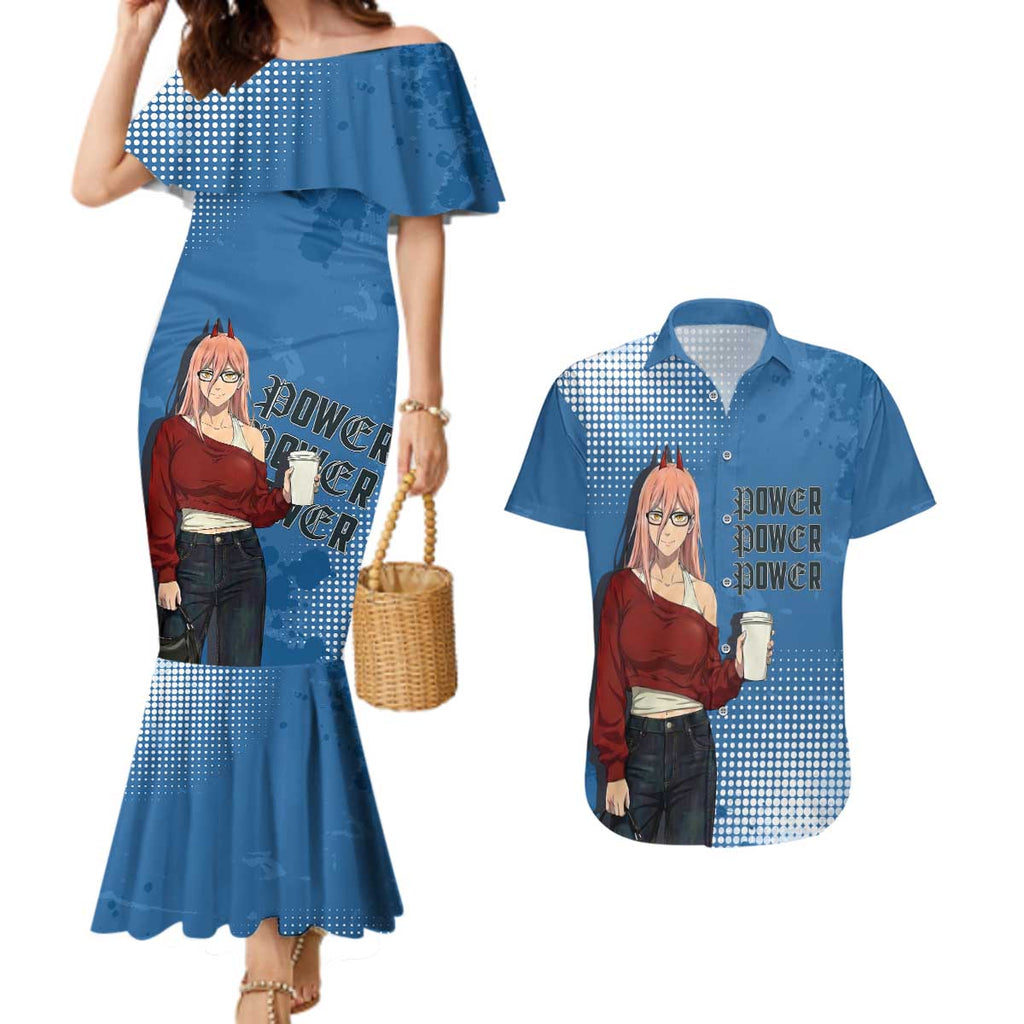 Power Chainsaw Man in Street Chic Couples Matching Mermaid Dress and Hawaiian Shirt Bold Blue Anime Aesthetic with Power