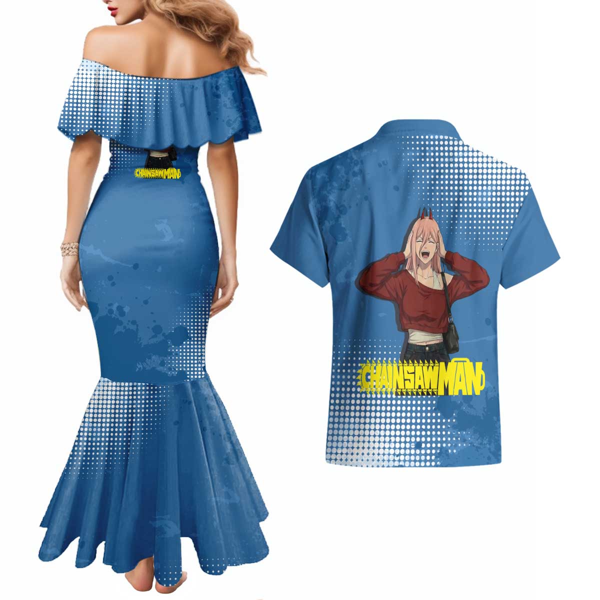 Power Chainsaw Man in Street Chic Couples Matching Mermaid Dress and Hawaiian Shirt Bold Blue Anime Aesthetic with Power