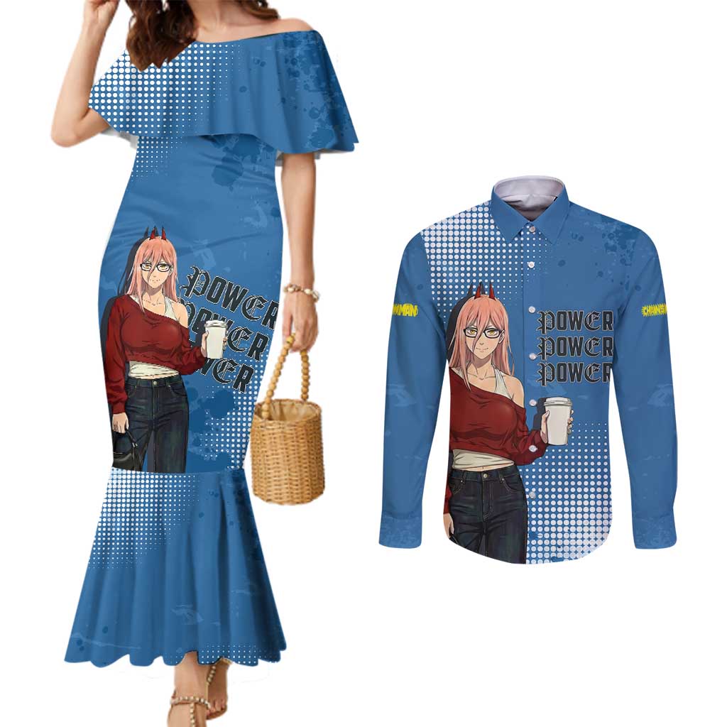 Power Chainsaw Man in Street Chic Couples Matching Mermaid Dress and Long Sleeve Button Shirt Bold Blue Anime Aesthetic with Power