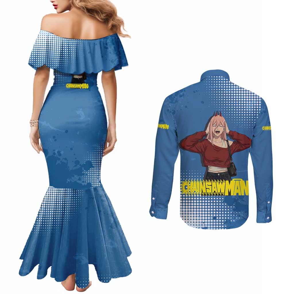 Power Chainsaw Man in Street Chic Couples Matching Mermaid Dress and Long Sleeve Button Shirt Bold Blue Anime Aesthetic with Power