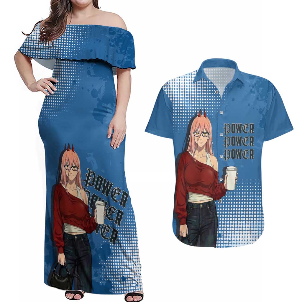 Power Chainsaw Man in Street Chic Couples Matching Off Shoulder Maxi Dress and Hawaiian Shirt Bold Blue Anime Aesthetic with Power