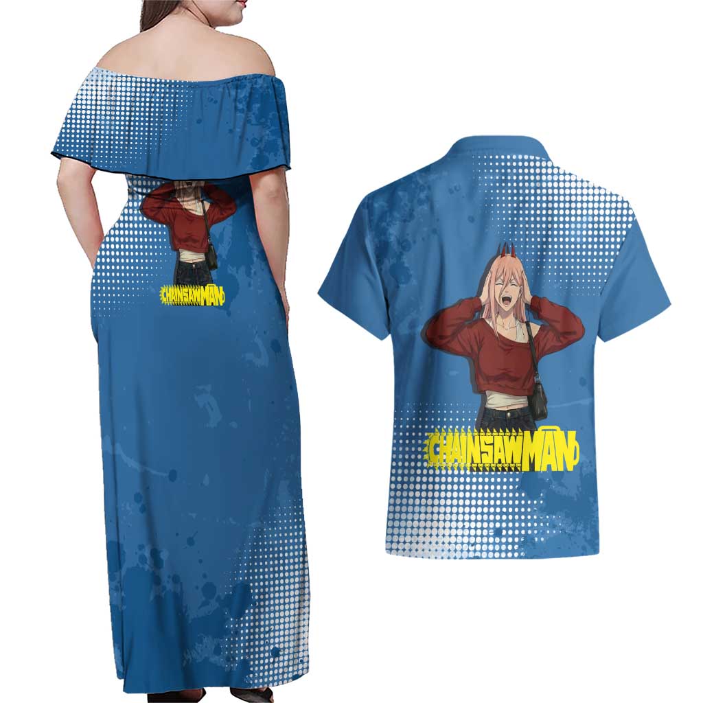Power Chainsaw Man in Street Chic Couples Matching Off Shoulder Maxi Dress and Hawaiian Shirt Bold Blue Anime Aesthetic with Power