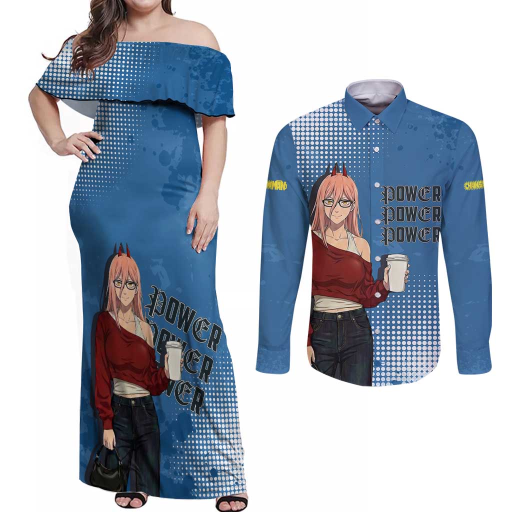 Power Chainsaw Man in Street Chic Couples Matching Off Shoulder Maxi Dress and Long Sleeve Button Shirt Bold Blue Anime Aesthetic with Power