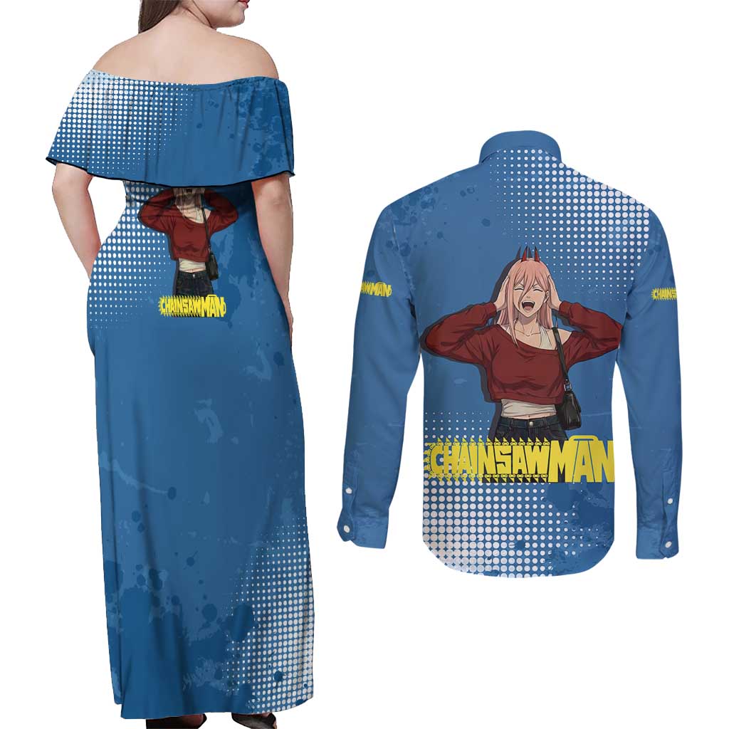 Power Chainsaw Man in Street Chic Couples Matching Off Shoulder Maxi Dress and Long Sleeve Button Shirt Bold Blue Anime Aesthetic with Power