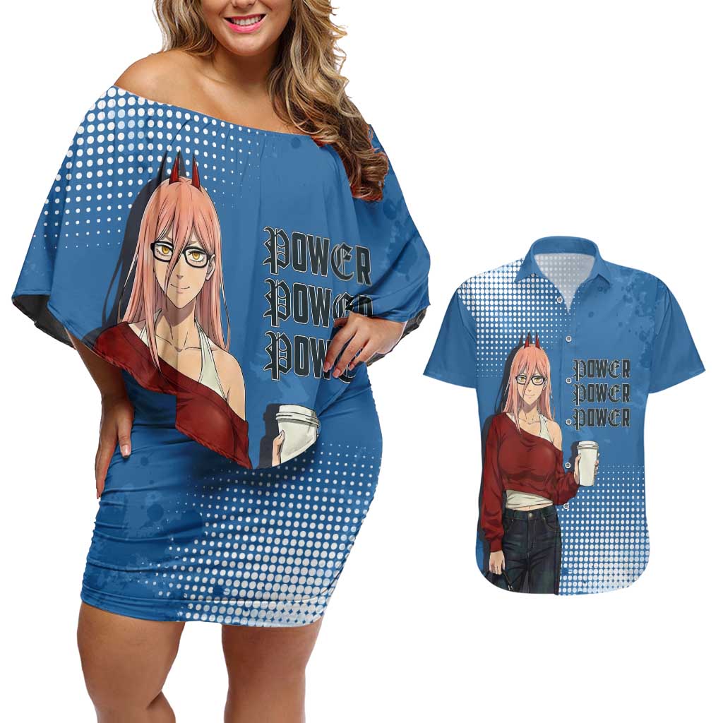 Power Chainsaw Man in Street Chic Couples Matching Off Shoulder Short Dress and Hawaiian Shirt Bold Blue Anime Aesthetic with Power
