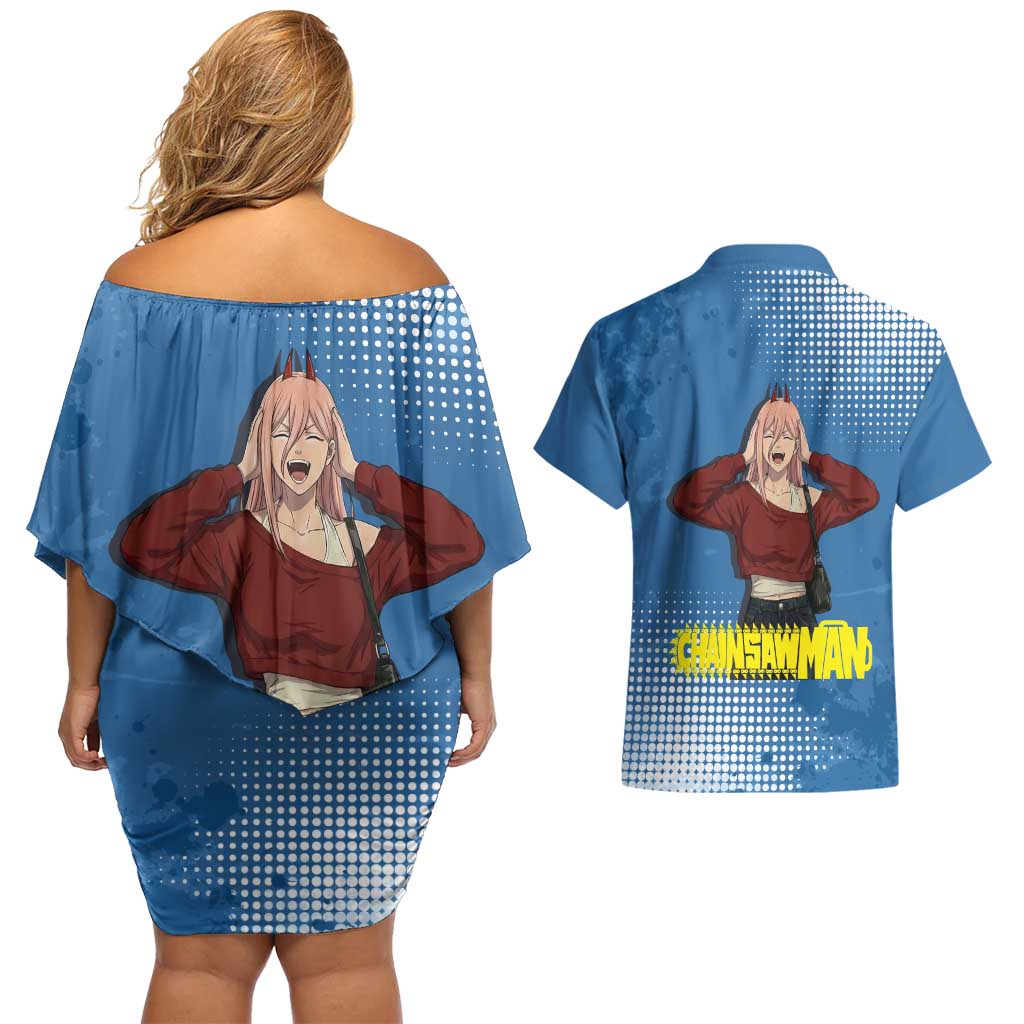 Power Chainsaw Man in Street Chic Couples Matching Off Shoulder Short Dress and Hawaiian Shirt Bold Blue Anime Aesthetic with Power