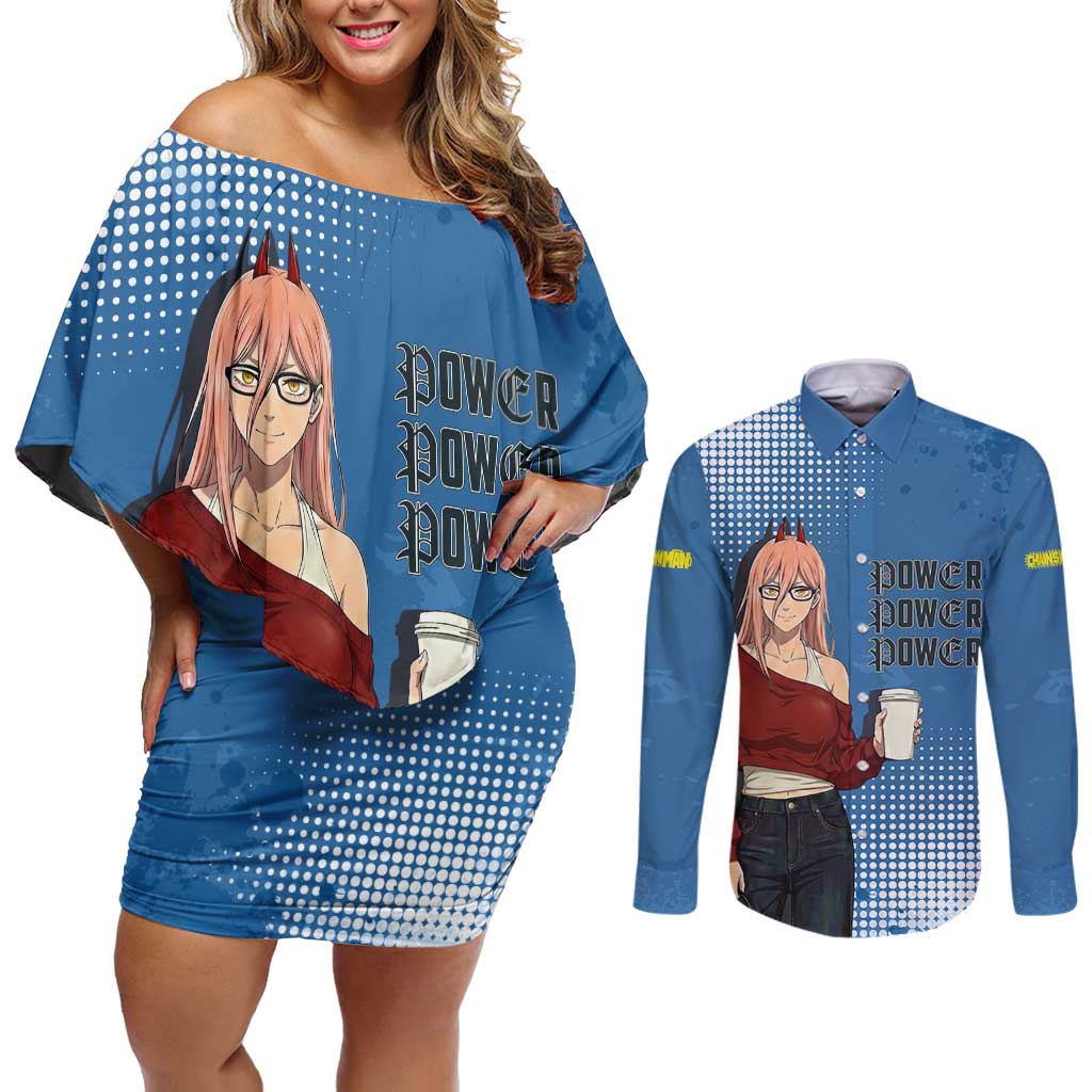 Power Chainsaw Man in Street Chic Couples Matching Off Shoulder Short Dress and Long Sleeve Button Shirt Bold Blue Anime Aesthetic with Power