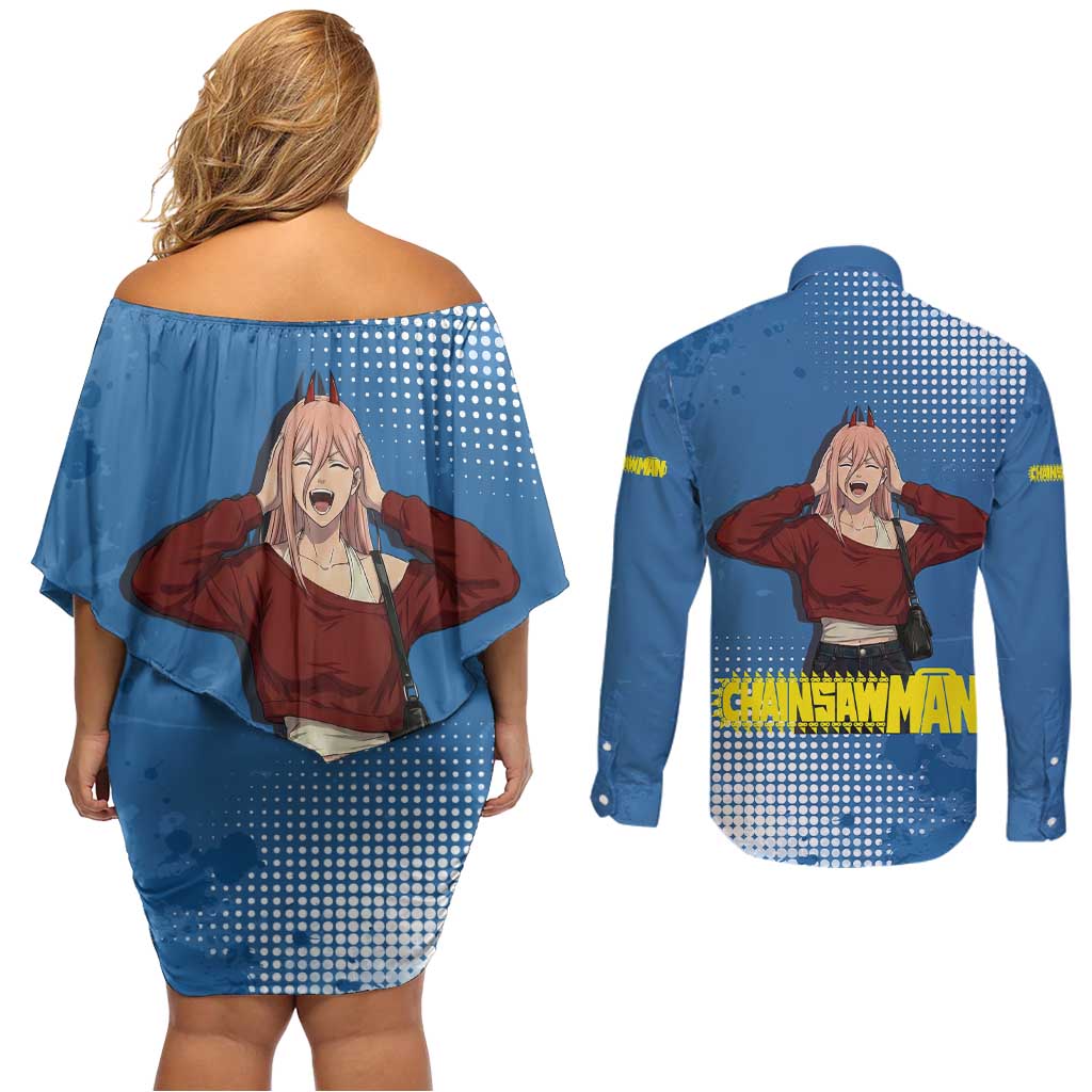 Power Chainsaw Man in Street Chic Couples Matching Off Shoulder Short Dress and Long Sleeve Button Shirt Bold Blue Anime Aesthetic with Power
