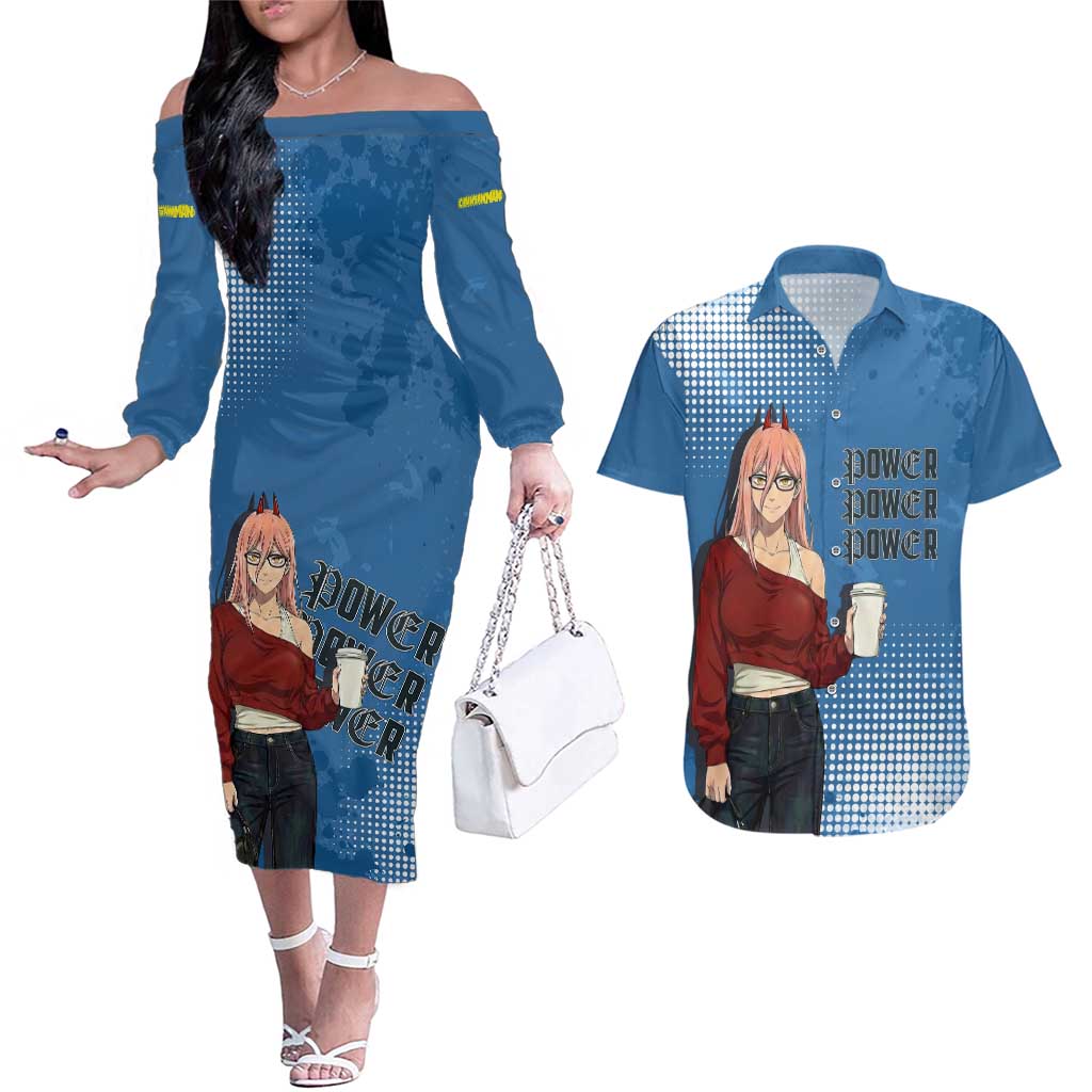 Power Chainsaw Man in Street Chic Couples Matching Off The Shoulder Long Sleeve Dress and Hawaiian Shirt Bold Blue Anime Aesthetic with Power
