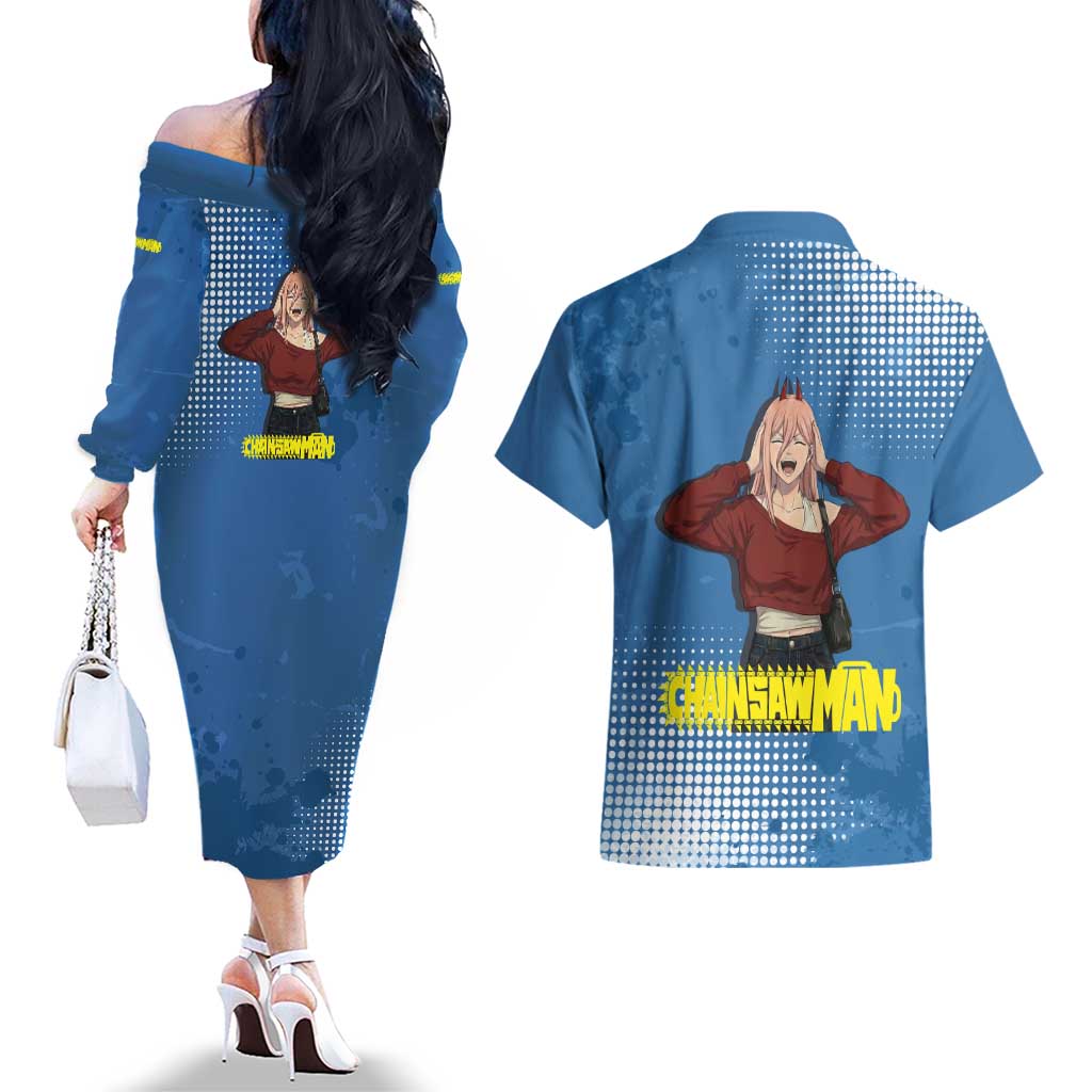 Power Chainsaw Man in Street Chic Couples Matching Off The Shoulder Long Sleeve Dress and Hawaiian Shirt Bold Blue Anime Aesthetic with Power