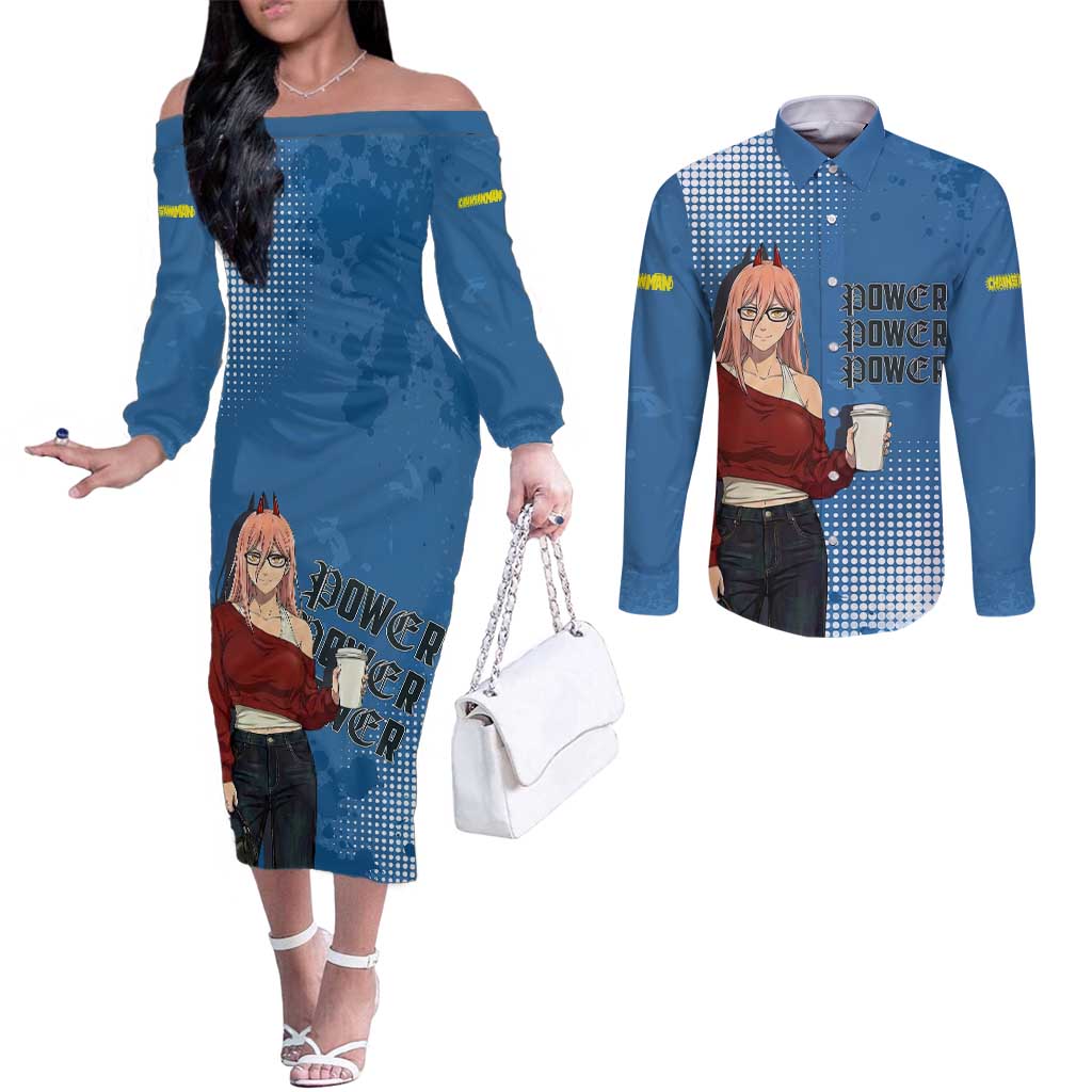 Power Chainsaw Man in Street Chic Couples Matching Off The Shoulder Long Sleeve Dress and Long Sleeve Button Shirt Bold Blue Anime Aesthetic with Power