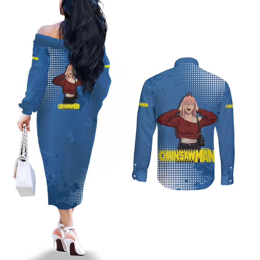 Power Chainsaw Man in Street Chic Couples Matching Off The Shoulder Long Sleeve Dress and Long Sleeve Button Shirt Bold Blue Anime Aesthetic with Power