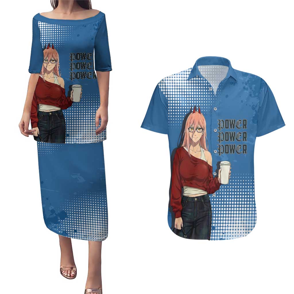 Power Chainsaw Man in Street Chic Couples Matching Puletasi and Hawaiian Shirt Bold Blue Anime Aesthetic with Power